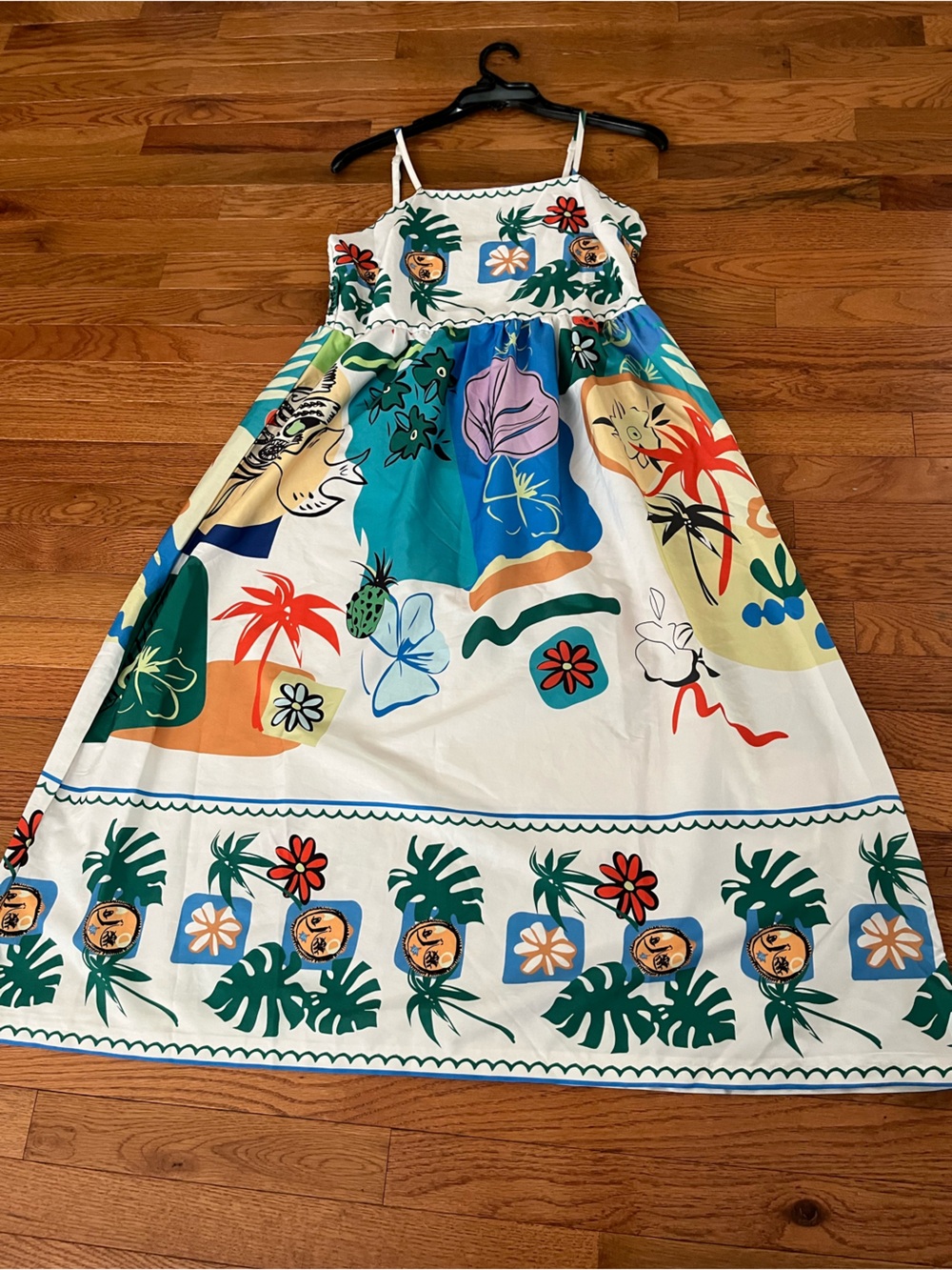 Tropical Print Spaghetti-Strap Maxi Dress in White & Teal